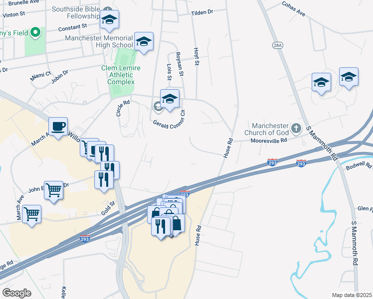 map of restaurants, bars, coffee shops, grocery stores, and more near 377 Huse Road in Manchester