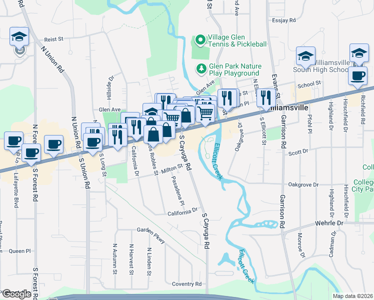 map of restaurants, bars, coffee shops, grocery stores, and more near 31 South Cayuga Road in Williamsville