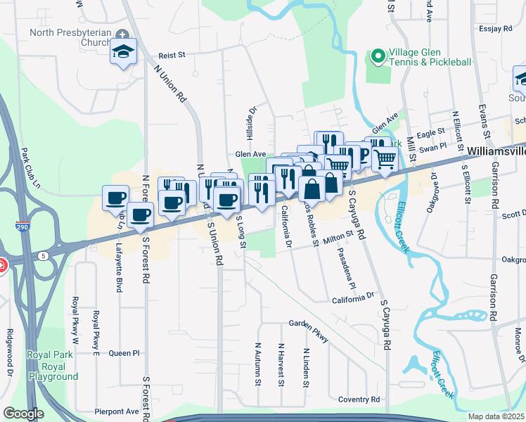 map of restaurants, bars, coffee shops, grocery stores, and more near 5409 Main Street in Williamsville