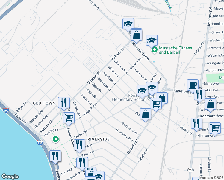 map of restaurants, bars, coffee shops, grocery stores, and more near 254 Roesch Avenue in Buffalo