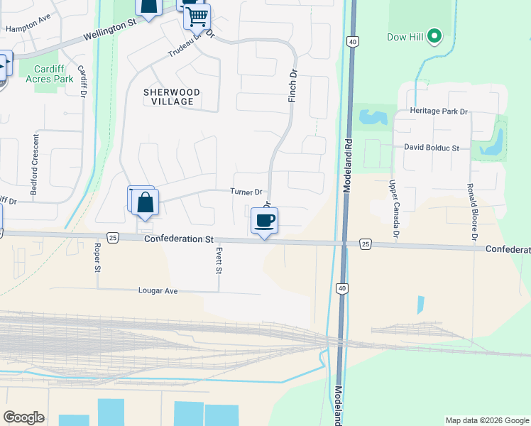map of restaurants, bars, coffee shops, grocery stores, and more near 275 Finch Drive in Sarnia