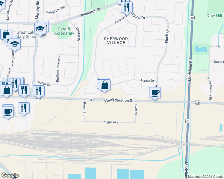 map of restaurants, bars, coffee shops, grocery stores, and more near 25 Turner Drive in Sarnia