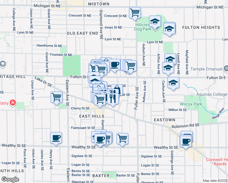 map of restaurants, bars, coffee shops, grocery stores, and more near 41 Dennis Avenue Southeast in Grand Rapids