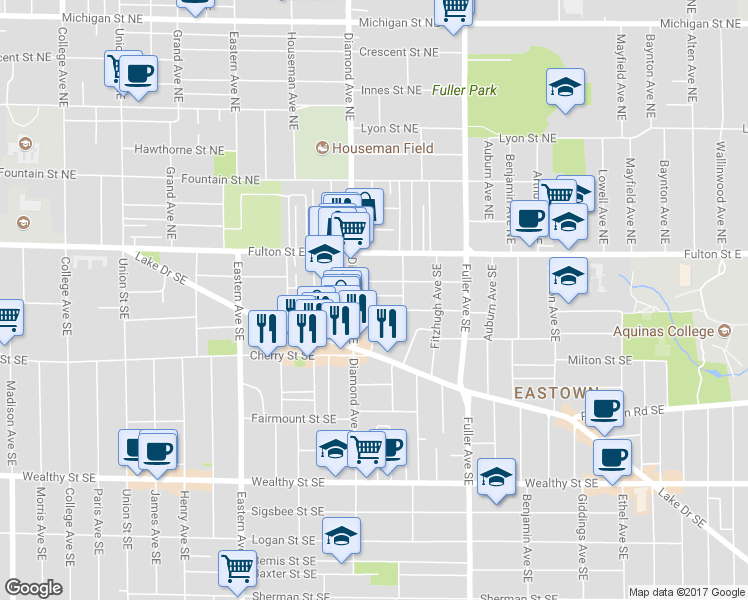 map of restaurants, bars, coffee shops, grocery stores, and more near 1008 Baldwin Street Southeast in Grand Rapids