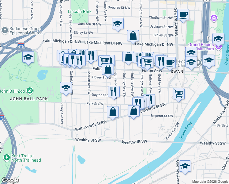 map of restaurants, bars, coffee shops, grocery stores, and more near 110 Lane Avenue Southwest in Grand Rapids