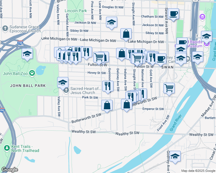 map of restaurants, bars, coffee shops, grocery stores, and more near 110 Lane Avenue Southwest in Grand Rapids