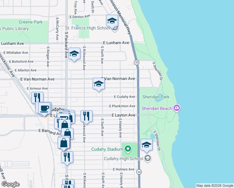 map of restaurants, bars, coffee shops, grocery stores, and more near 3847A East Armour Avenue in Cudahy