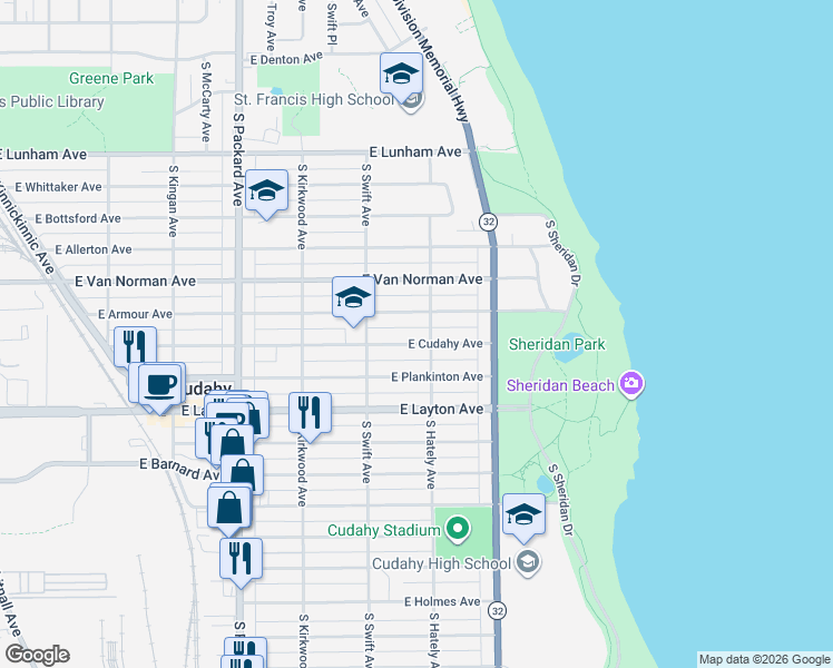 map of restaurants, bars, coffee shops, grocery stores, and more near 3847A East Armour Avenue in Cudahy
