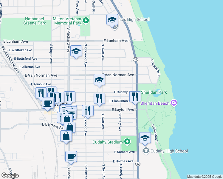 map of restaurants, bars, coffee shops, grocery stores, and more near 3847A East Armour Avenue in Cudahy