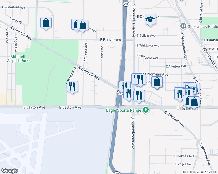 map of restaurants, bars, coffee shops, grocery stores, and more near 2000 East Layton Avenue in Saint Francis
