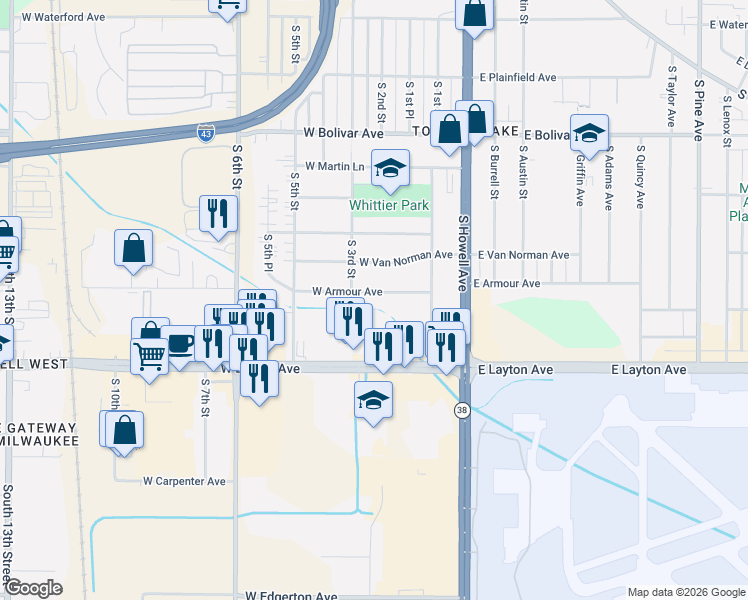 map of restaurants, bars, coffee shops, grocery stores, and more near 207 West Armour Avenue in Milwaukee