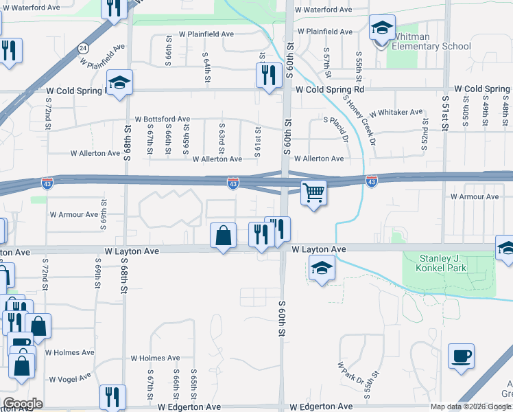 map of restaurants, bars, coffee shops, grocery stores, and more near 4582 South 61st Street in Greenfield