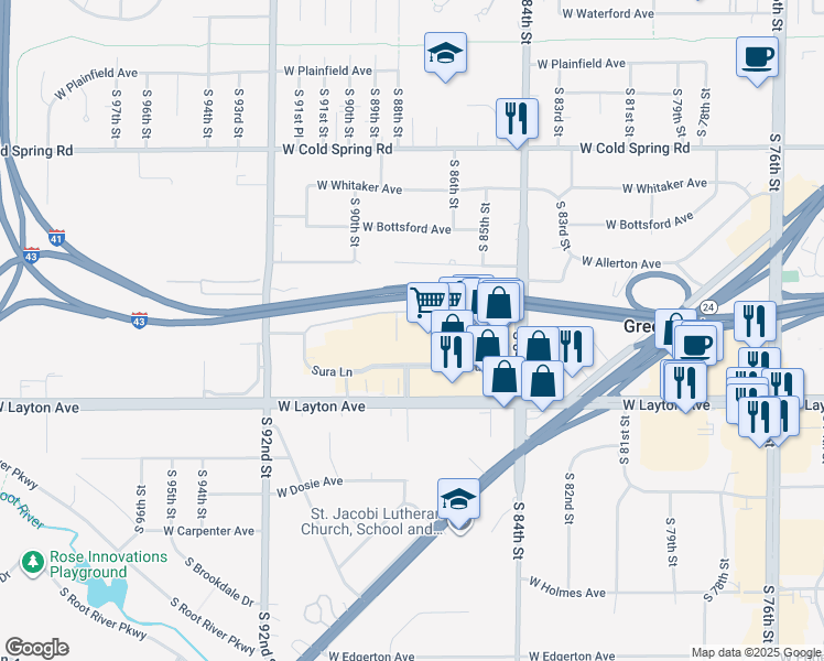 map of restaurants, bars, coffee shops, grocery stores, and more near 8750 Sura Lane in Greenfield