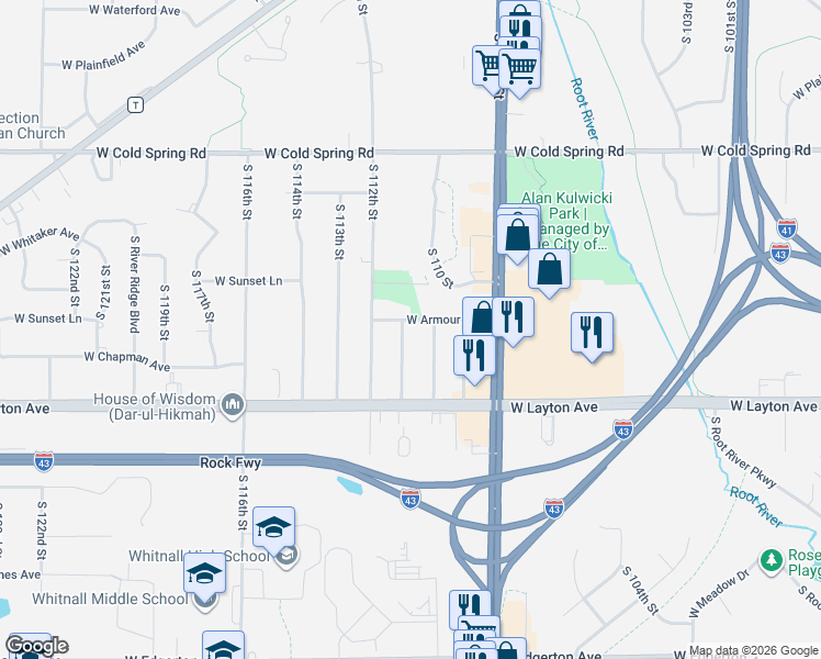 map of restaurants, bars, coffee shops, grocery stores, and more near 11025 West Armour Avenue in Greenfield