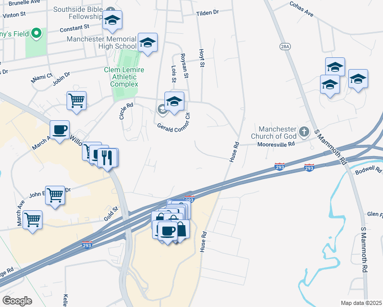 map of restaurants, bars, coffee shops, grocery stores, and more near 377 Huse Road in Manchester