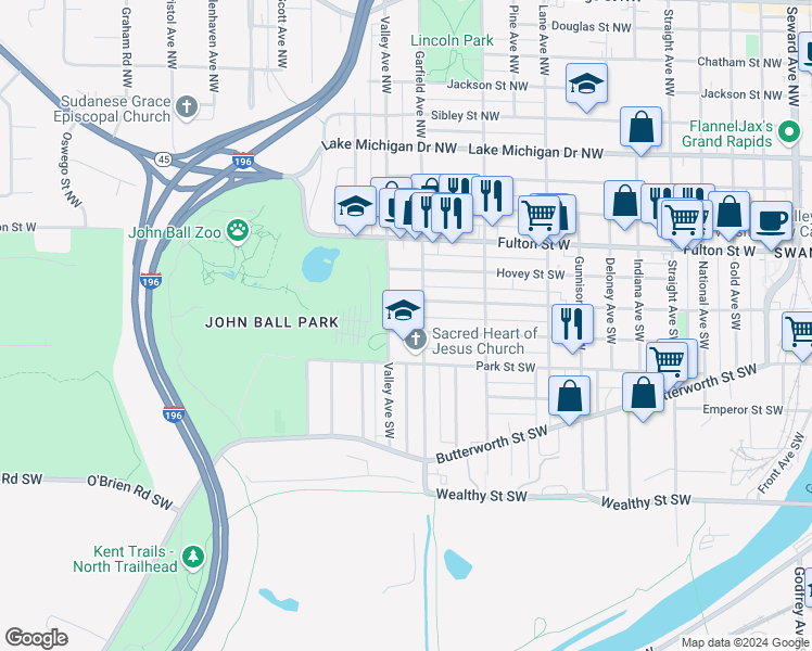 map of restaurants, bars, coffee shops, grocery stores, and more near 1217 Dayton Street Southwest in Grand Rapids
