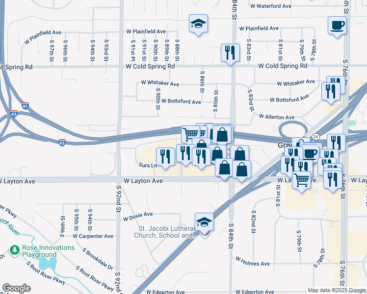 map of restaurants, bars, coffee shops, grocery stores, and more near 8750 Sura Lane in Greenfield