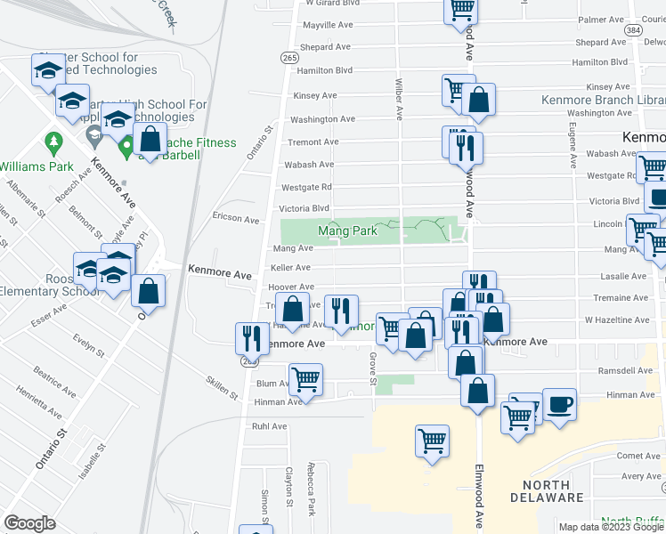 map of restaurants, bars, coffee shops, grocery stores, and more near 173 Keller Avenue in Kenmore