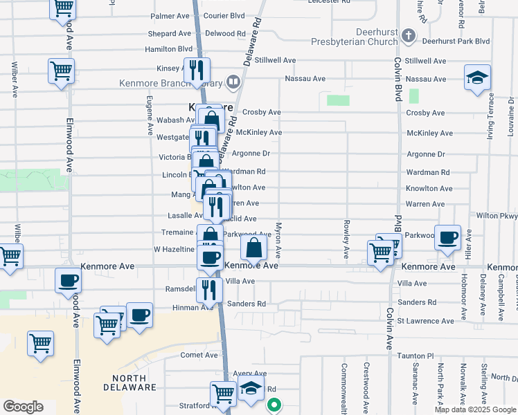 map of restaurants, bars, coffee shops, grocery stores, and more near 71 Warren Avenue in Kenmore