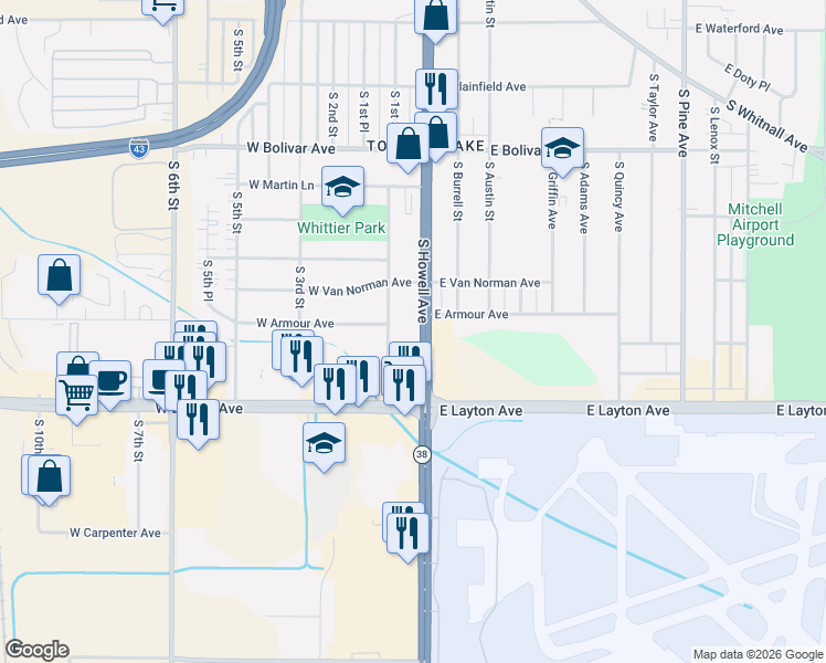 map of restaurants, bars, coffee shops, grocery stores, and more near 4562 South 1st Street in Milwaukee
