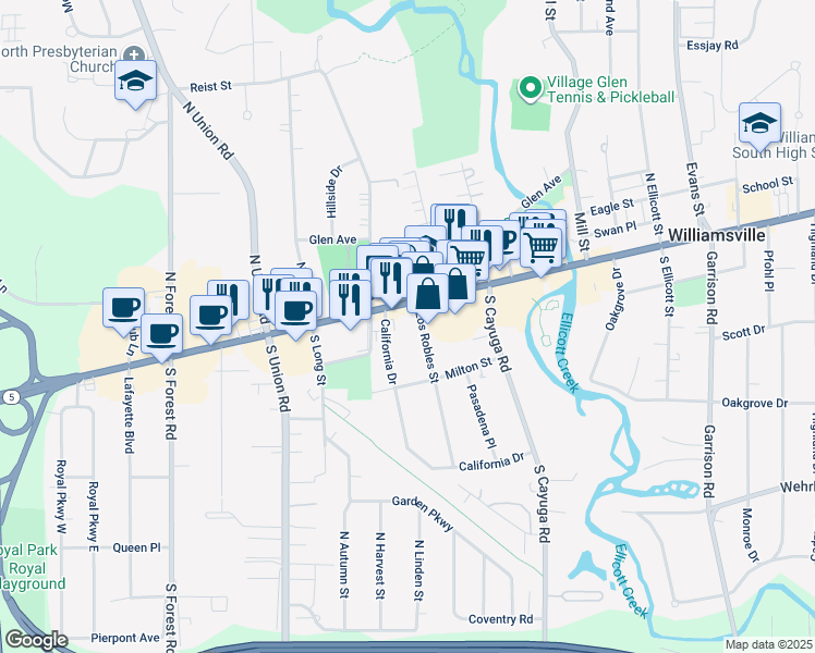 map of restaurants, bars, coffee shops, grocery stores, and more near 5447-54 Main Street in Williamsville