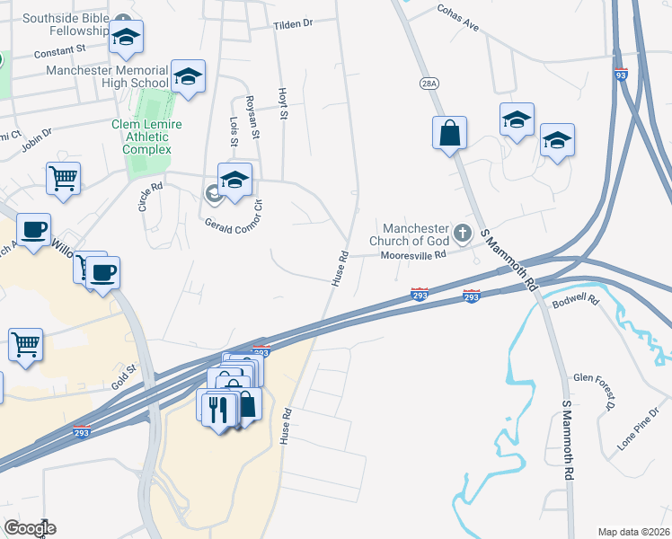 map of restaurants, bars, coffee shops, grocery stores, and more near 379 Huse Road in Manchester