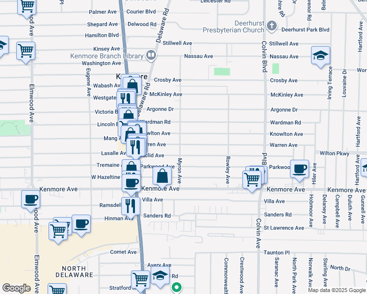 map of restaurants, bars, coffee shops, grocery stores, and more near 115 Warren Avenue in Kenmore
