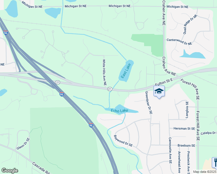 map of restaurants, bars, coffee shops, grocery stores, and more near 2 White Hills Avenue Northeast in Grand Rapids