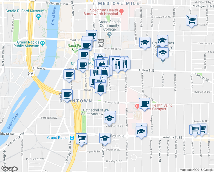 map of restaurants, bars, coffee shops, grocery stores, and more near 61 Sheldon Avenue Southeast in Grand Rapids