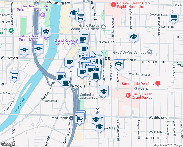 map of restaurants, bars, coffee shops, grocery stores, and more near 62 Commerce Avenue Southwest in Grand Rapids