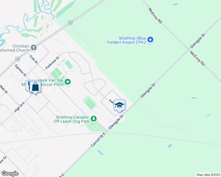 map of restaurants, bars, coffee shops, grocery stores, and more near 21 Willow Crescent in Strathroy