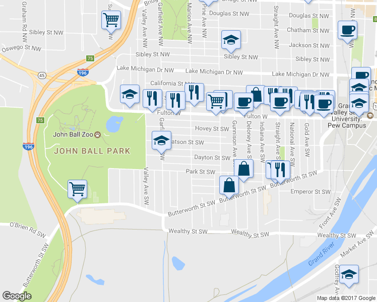 map of restaurants, bars, coffee shops, grocery stores, and more near 117 Marion Avenue Southwest in Grand Rapids