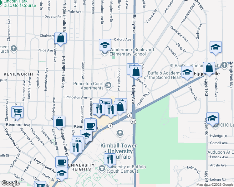 map of restaurants, bars, coffee shops, grocery stores, and more near 98 Springville Avenue in Buffalo
