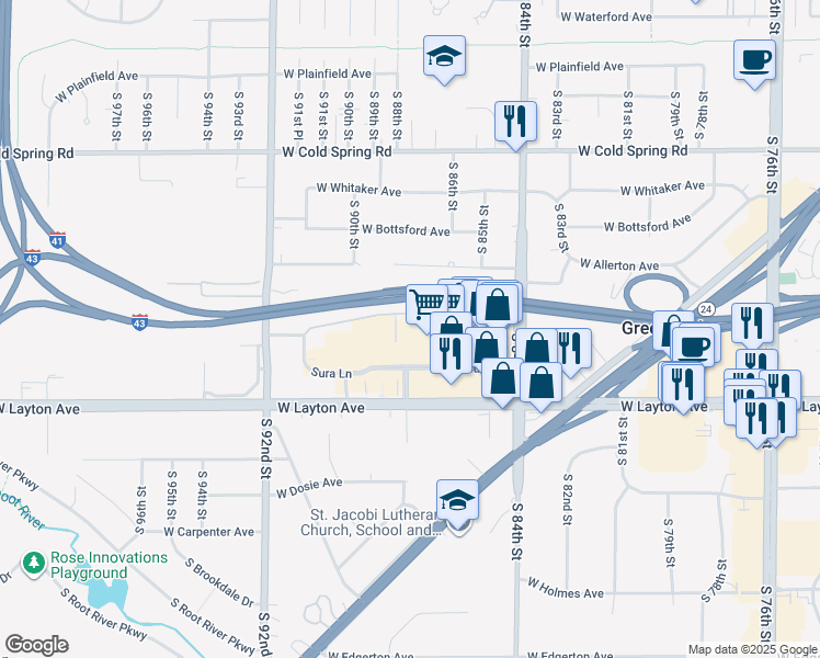 map of restaurants, bars, coffee shops, grocery stores, and more near 8750 Sura Lane in Greenfield