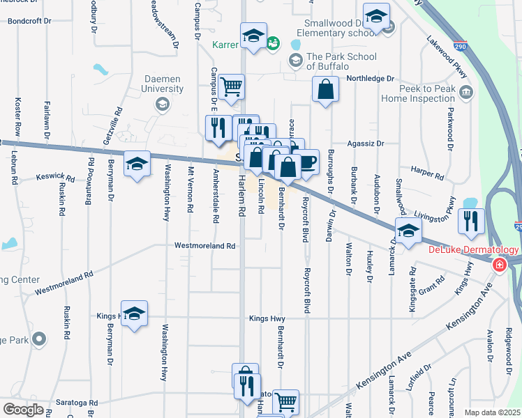 map of restaurants, bars, coffee shops, grocery stores, and more near 61 Lincoln Road in Buffalo