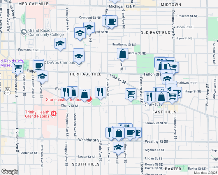 map of restaurants, bars, coffee shops, grocery stores, and more near 56 Union Avenue Southeast in Grand Rapids