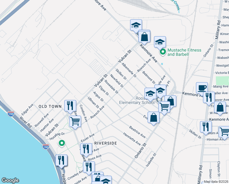 map of restaurants, bars, coffee shops, grocery stores, and more near 247-257 Roesch Avenue in Buffalo