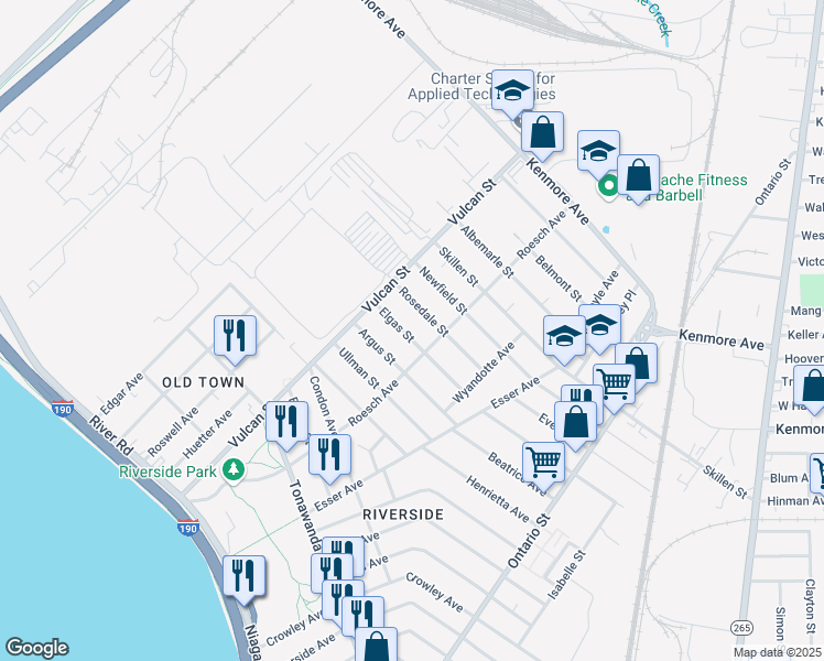 map of restaurants, bars, coffee shops, grocery stores, and more near 85 Elgas Street in Buffalo
