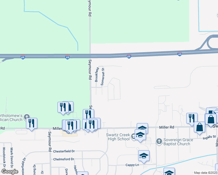 map of restaurants, bars, coffee shops, grocery stores, and more near 55 Kingsley in Swartz Creek