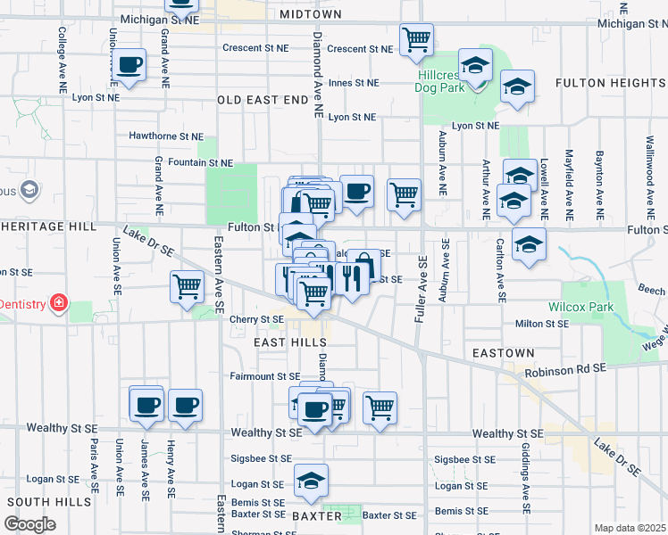 map of restaurants, bars, coffee shops, grocery stores, and more near 1008 Baldwin Street Southeast in Grand Rapids