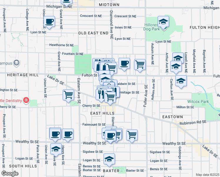 map of restaurants, bars, coffee shops, grocery stores, and more near 940 Baldwin Street Southeast in Grand Rapids
