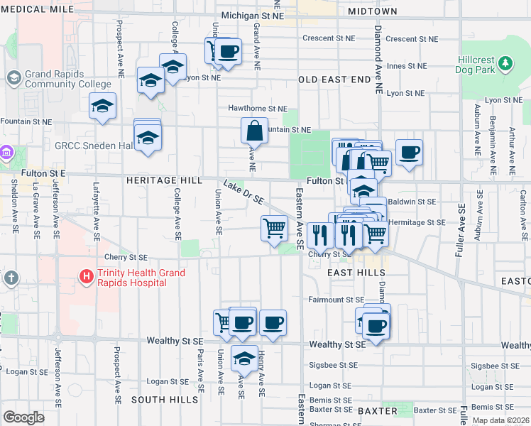 map of restaurants, bars, coffee shops, grocery stores, and more near 47 Packard Avenue Southeast in Grand Rapids
