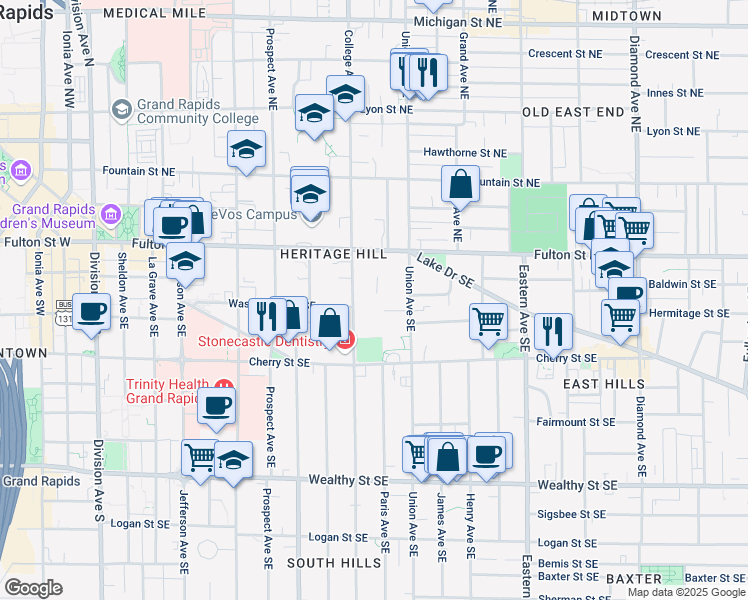 map of restaurants, bars, coffee shops, grocery stores, and more near 50 College Avenue Southeast in Grand Rapids