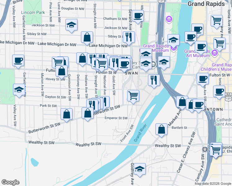 map of restaurants, bars, coffee shops, grocery stores, and more near 652 Watson Street Southwest in Grand Rapids