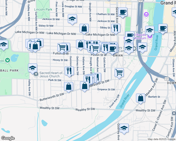 map of restaurants, bars, coffee shops, grocery stores, and more near 101 Straight Avenue Northwest in Grand Rapids