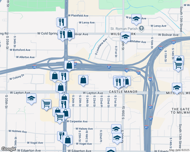 map of restaurants, bars, coffee shops, grocery stores, and more near 4546 South 23rd Street in Milwaukee