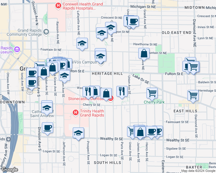 map of restaurants, bars, coffee shops, grocery stores, and more near 445 Washington Street Southeast in Grand Rapids
