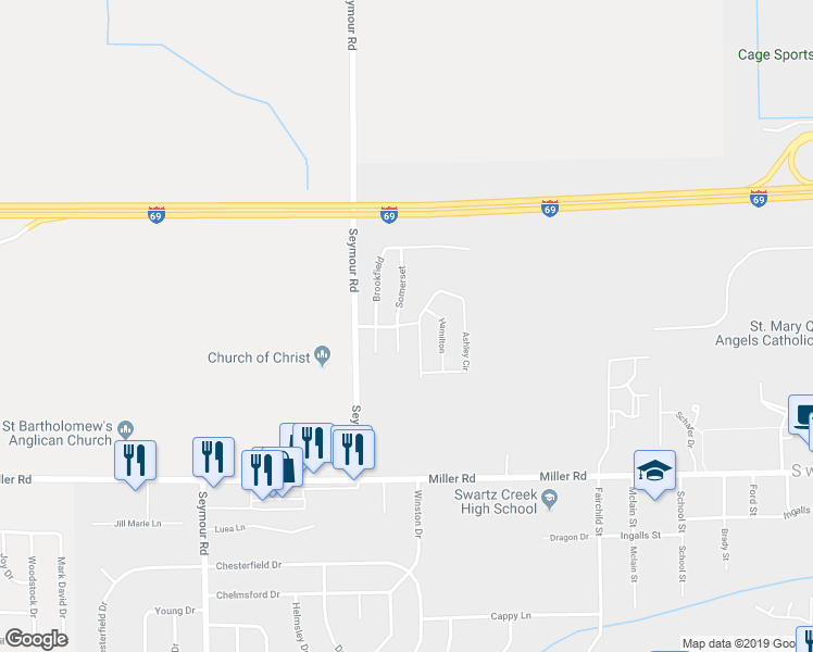 map of restaurants, bars, coffee shops, grocery stores, and more near 55 Kingsley in Swartz Creek