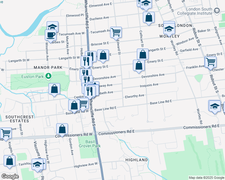 map of restaurants, bars, coffee shops, grocery stores, and more near 48 Lambeth Avenue in London