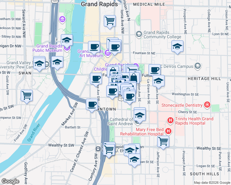 map of restaurants, bars, coffee shops, grocery stores, and more near 59 Commerce Avenue Southwest in Grand Rapids